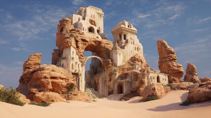 Ruins of a Forgotten Civilization in Desert Sands Under Clear Sky