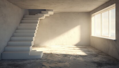 Obraz premium Empty Modern Room With White Staircase And Sunlight