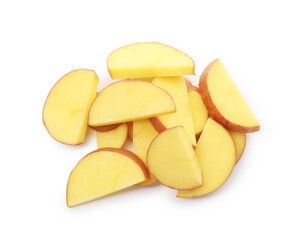Pieces of fresh potatoes isolated on white, top view