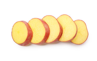 Cut fresh red potato isolated on white, top view