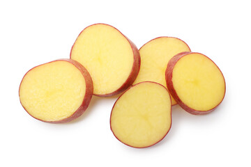 Pieces of fresh red potatoes isolated on white, top view