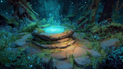 Enchanted altar in a glowing forest surrounded by mystical flora