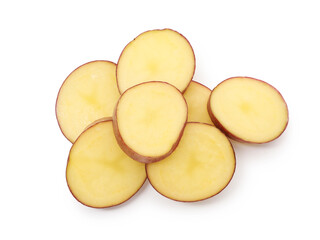 Pieces of fresh red potatoes isolated on white, top view
