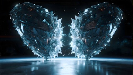 Futuristic Heart-Shaped Structures Emitting Light in a Dark Environment