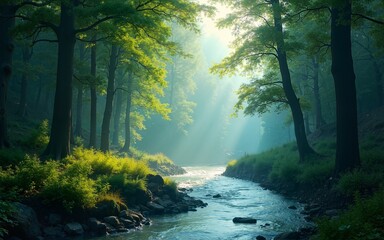 Obraz premium The Enchanted Forest of the Magic Natural Landscape and River Flow Background, Fairy Tale of the Magical Forest, Fantasy Forest Natural Beauty Landscape. High quality