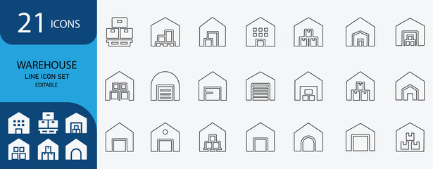 Warehouse line icon set featuring storage, logistics, inventory, shipping, cargo, pallet, delivery, supply chain, distribution, and fulfillment.
