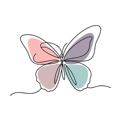 Minimalist continuous line art butterfly with pastel color fill insect animal