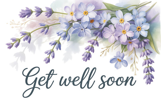 Send warm wishes with this delicate watercolor floral arrangement and heartfelt 'Get well soon' message, perfect for greeting cards and thoughtful gifts