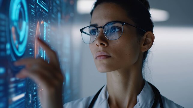 Woman interacting with futuristic data display - Powered by Adobe