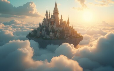 A breathtaking floating city surrounded by fluffy clouds glows in the sunlight, evoking wonders of a fantastical world. High quality
