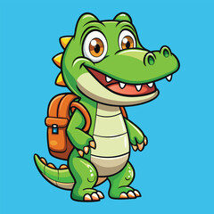 Fototapeta premium Cute cartoon crocodile goes back to school carrying a backpack