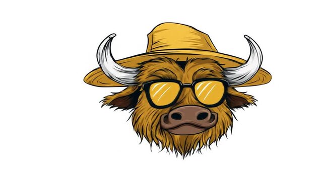 Cartoon bison head wearing a yellow hat and sunglasses