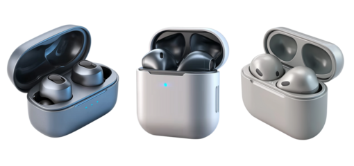 wireless earbuds with a charging case on transparent background, cutout