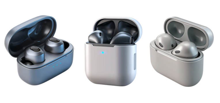 wireless earbuds with a charging case on transparent background, cutout