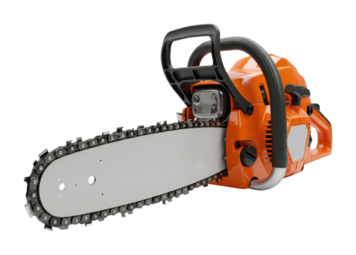 Chainsaw usage demonstration forest clearing instructional video outdoor ground level safety tips isolated PNG