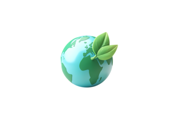 A 3D Render of Earth with Two Vibrant Green Leaves Isolated on transparent background, cutout	