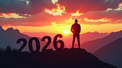 "2026" and Silhouette man in mountains against backdrop of bright colorful sunset. Silhouette of number "2026" on mountain, concept Happy New Year celebration