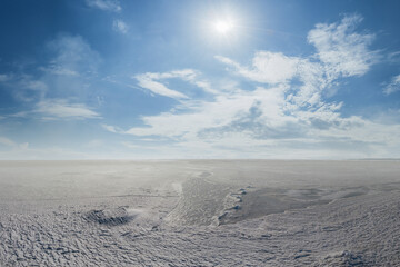 Winter sunny landscape morning with frozen lake