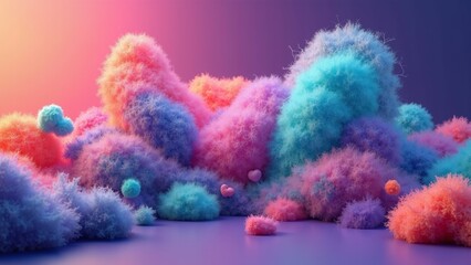 Fototapeta premium Vibrant colorful abstract 3D fluffy cloud shapes in purple, pink, and blue hues for creative marketing campaign backgrounds, website hero images, or corporate presentation backdrops with copy