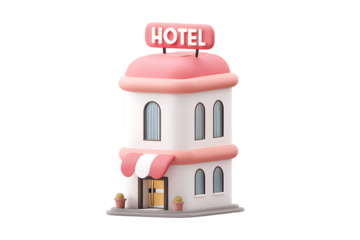 Adorable Pink and White Cartoon Hotel Building Illustration Isolated on transparent background, cutout	