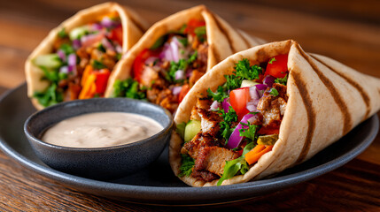 platter of middle eastern shawarma (sliced grilled meat chicken or lamb) served in warm pita bread with tahini sauce fresh vegetables (lettuce tomato onion) and pickles