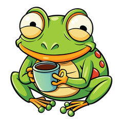 frog sips coffee while yawning, looking cozy and sleepy in the morning