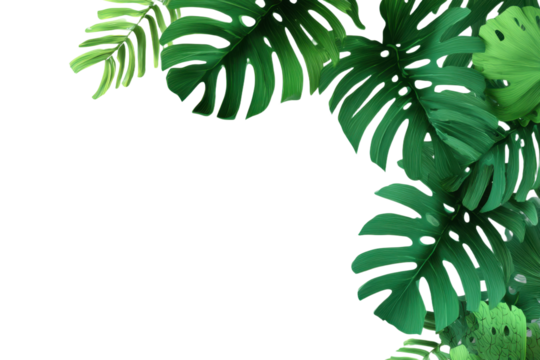 Banner of tropical palm leaf monstera frame border design on transparent background. Green leaves flat lay, top view