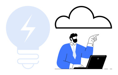 Businessman in blue jacket pointing at cloud icon, seated with laptop. Lightbulb in background signifies ideas. Ideal for creativity, technology, cloud storage, digital business, innovation