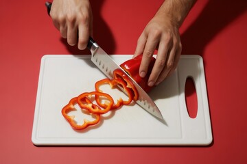 Man slicing fresh red bell pepper into s on white plastic cutting board in kitchen cooking food preparation process