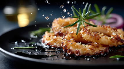 Delicately fried octopus served on a sleek black plate, garnished with fresh herbs, capturing the allure of gourmet seafood dishes in an elegant dining setting.