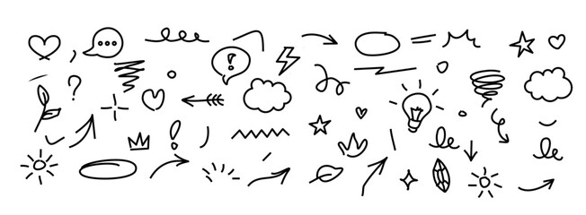 Hand Drawn Doodle Icons Pack | Sketch Arrows, Hearts, Stars, Clouds, Light Bulb, Symbols