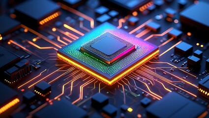 Futuristic glowing computer processor chip with colorful circuit board connections technology