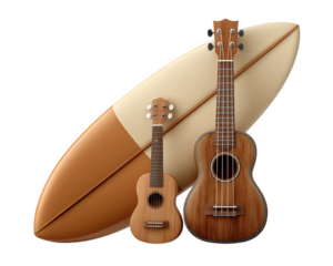 Two wooden ukuleles and classic surfboard with beige and brown colors, isolated on transparency background, evoke relaxed beach and surfing culture atmosphere