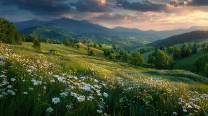 An idyllic springtime meadow, rolling hills lush with grass, daisies and wildflowers in bloom, serene atmosphere at golden hour