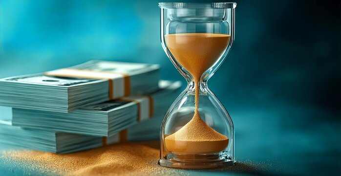 Hourglass with flowing sand placed beside stacks of money representing time and wealth