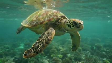 Fototapeta premium Sea Turtle Swimming Gracefully Over a Coral Reef