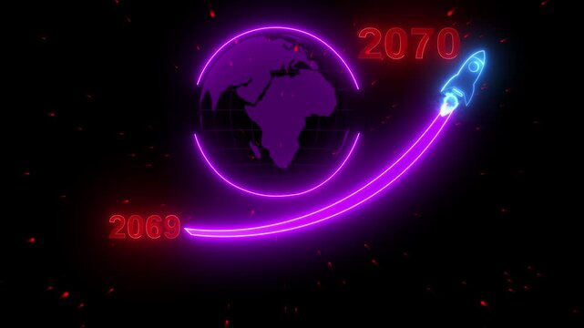 2070 concept of new year beginning, happy celebration, festival, new life, growth of business, startup. Businessman shows glowing neon line word of 2070 with rocket icon on black background.