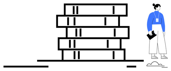 Woman holding book standing next to tall book stack, symbolizing education, learning, study, literature, growth, knowledge. Ideal for concepts thumbs up self-improvement, training library focus