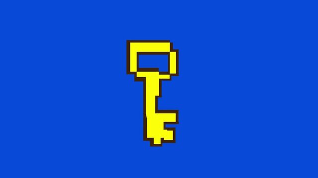 Animation of elements of an old 8-bit game with a key, on a green background, pixel art, video.