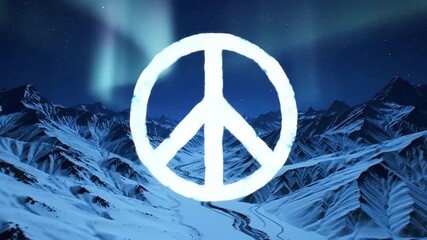 A glowing white peace symbol floats above a snowy mountain range under the ethereal aurora borealis.