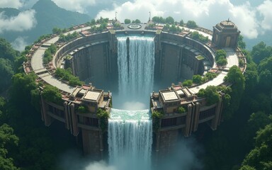 Aerial view of a fantastical circular city hovering above a colossal waterfall, blending architecture with nature in a mind bending display of imagination and engineering. High quality