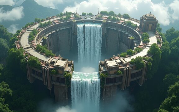 Aerial view of a fantastical circular city hovering above a colossal waterfall, blending architecture with nature in a mind bending display of imagination and engineering. High quality