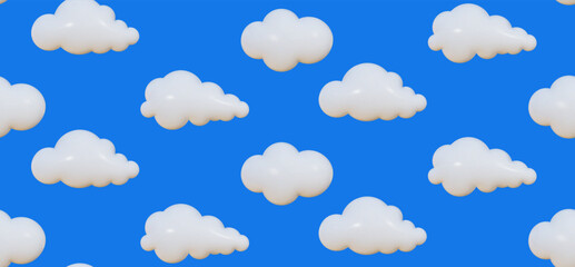 Seamless retro balloon style pattern featuring 3D inflated clouds against a vibrant blue background.