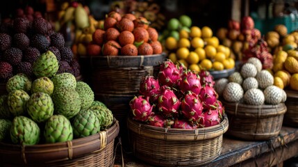 Colorful Tropical Fruits Stacked in Baskets at Market Stall