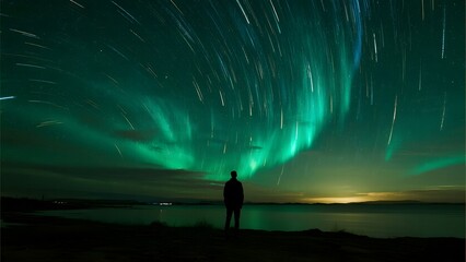 Silhouette of a person observing the vibrant aurora borealis under a starry sky