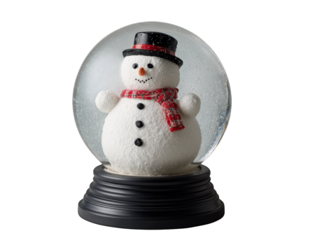 Snowman snow globe with red scarf and black hat, festive winter decoration, cheerful holiday ornament, isolated on transparency background, joyful seasonal collectible