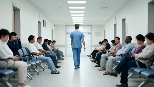 Doctor Walking Down Hospital Hallway Past Waiting Patients
