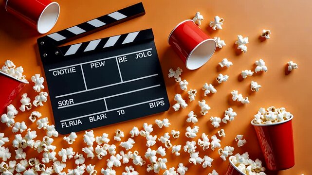 Cinema clapperboard with scattered popcorn and red cups on vibrant background symbolizing movie entertainment