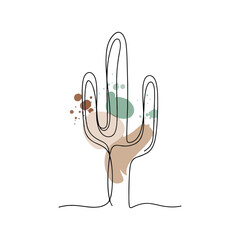 Abstract single line drawing of a saguaro cactus with muted green and brown watercolor splashes desert
