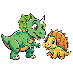 Triceratops and T-Rex share a playful moment together in a lively prehistoric world